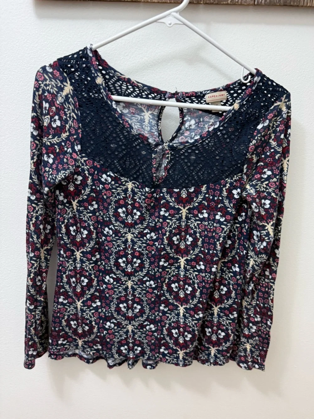 CAPE Juby Crochet Floral Blouse Blue Tassel Tie Long Sleeve Peasant Top size S